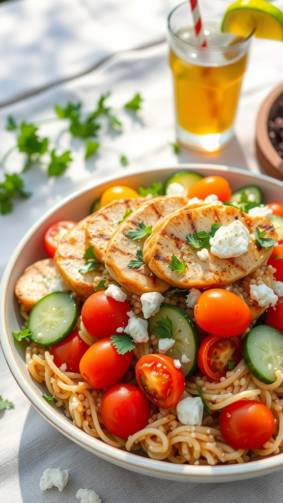 Zesty Orzo Summer Salad with Grilled Chicken A colorful orzo salad with grilled chicken, tomatoes, cucumbers, and feta, served in a bowl on a sunny picnic table.
